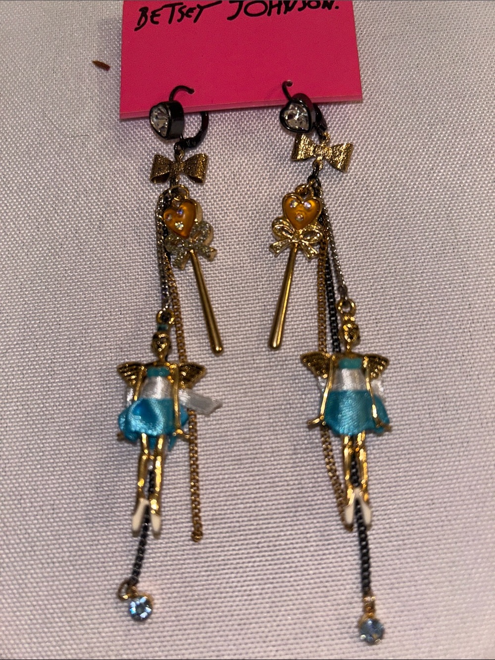 Betsey Johnson Gold Blue Angel Fairy Ballerina Dancer Dangle Earrings NWT